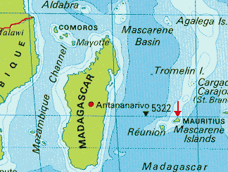 The Island of Mauritius is located east of Madagascar.